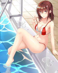 Rule 34 | 1girl, :p, arm support, bare arms, bare legs, bare shoulders, barefoot, benchen06, bikini, blush, breasts, brown eyes, brown hair, cleavage, collarbone, highres, knee up, leotard, looking at viewer, medium breasts, navel, original, pool, pool ladder, poolside, puddle, pulled by self, red bikini, sitting, smile, solo, sparkle, strap pull, strapless, strapless leotard, swimsuit, thighs, tile floor, tiles, tongue, tongue out, tsurime, water