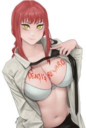 Rule 34 | 1girl, absurdres, black necktie, black pants, body writing, bra, braid, braided ponytail, breasts, chainsaw man, collared shirt, dismaiden, highres, large breasts, long hair, looking at viewer, makima (chainsaw man), navel, necktie, office lady, pants, red hair, ringed eyes, shirt, solo, underwear, white background, white bra, white shirt, yellow eyes