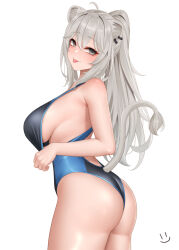 Rule 34 | 1girl, :p, ahoge, animal ear piercing, animal ears, ass, blue one-piece swimsuit, breasts, closed mouth, cowboy shot, grey eyes, grey hair, high ponytail, highres, hololive, large breasts, lion ears, lion tail, long hair, one-piece swimsuit, revision, shishiro botan, sideboob, simple background, solo, swimsuit, tail, tongue, tongue out, virtual youtuber, wei xiao, white background