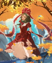Rule 34 | 1girl, absurdres, arm ribbon, bow, commission, dress, frilled ribbon, frilled sleeves, frills, front ponytail, green eyes, green hair, gu0st, hair bow, hair ribbon, highres, kagiyama hina, looking at viewer, open clothes, outdoors, pixiv commission, red bow, red dress, red ribbon, ribbon, smile, solo, touhou, tree, water