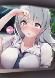 Rule 34 | :o, absurdres, arm up, blurry, blurry background, blush, breasts, collarbone, collared shirt, commentary request, dermar, embarrassed, grey eyes, hair between eyes, highres, large breasts, looking at viewer, necktie, open mouth, original, school uniform, shirt, short sleeves, signature, silver hair, speech bubble, teeth, translation request, upper body, upper teeth only