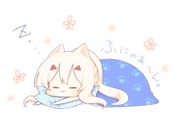 Rule 34 | 1girl, :3, animal ear fluff, animal ears, ayanami (azur lane), azur lane, bare arms, blush, cat ears, chibi, closed eyes, closed mouth, colored shadow, fish-shaped pillow, hair ornament, hairclip, kemonomimi mode, light brown hair, long hair, lying, on stomach, paw print, ponytail, sakurato ototo shizuku, shadow, sleeping, solo, translation request, under covers, very long hair, white background, zzz