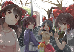 Rule 34 | 5girls, aged down, alternate hair length, alternate hairstyle, bag, benikurage (cookie), black hair, blue jacket, bow, brown eyes, brown hair, clenched hand, closed mouth, commentary request, cookie (touhou), cowboy shot, day, fang, flying sweatdrops, frilled bow, frilled hair tubes, frills, hair between eyes, hair tubes, hakurei reimu, highres, hood, hoodie, horns, ibuki suika, jacket, kanna (cookie), long hair, looking at viewer, looking back, multiple girls, open mouth, orange hair, outdoors, parted bangs, pink shirt, raglan sleeves, red bow, red eyes, red skirt, reu (cookie), road, sananana (cookie), shadow, shirt, short hair, skirt, smile, street, touhou, tree, upper body, v, white hoodie, yamin (cookie), yellow shirt, yumekamaborosh