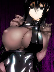 Rule 34 | 1girl, black eyes, black hair, black one-piece swimsuit, bodystocking, breast slip, breasts, covered erect nipples, empty eyes, expressionless, front zipper swimsuit, gradient background, highres, huge breasts, kuro senpai to kuro yashiki no yami ni mayowanai, long hair, meme attire, one-piece swimsuit, one breast out, open clothes, see-through, senpai (kuro senpai), solo, swimsuit, touhi, tsurime