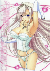 Rule 34 | 1girl, absurdres, arm up, armpits, breasts, bustier, character name, charlotte hazellink, cleavage, collarbone, copyright name, elbow gloves, female focus, garter straps, gloves, highres, komori kei, large breasts, lingerie, long hair, panties, princess lover, purple eyes, solo, standing, thighhighs, tiara, underwear, white gloves, white thighhighs