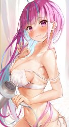 Rule 34 | 1girl, ahoge, bare shoulders, blue hair, blue nails, blush, bra, breasts, cleavage, closed mouth, colored inner hair, commentary request, from side, hair dryer, hand up, highres, holding, holding hair dryer, hololive, large breasts, long hair, looking at viewer, minato aqua, mugiusagi, multicolored hair, nail polish, navel, panties, pink eyes, pink hair, side-tie panties, solo, stomach, strap slip, thighhighs, underwear, underwear only, very long hair, virtual youtuber, white bra, white panties