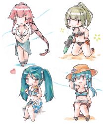 Rule 34 | 4girls, :p, bikini, black bikini, blue hair, blush, breasts, brown headwear, chibi, cleavage, floral print, gotland (kancolle), green hair, hat, heart, highres, holding, holding water gun, isuzu (kancolle), kantai collection, kneeling, large breasts, long hair, medium breasts, multiple girls, open mouth, parfait, pink hair, poipoi purin, ponytail, sarong, shirt, shorts, simple background, sitting, small breasts, smile, swimsuit, tongue, tongue out, twintails, very long hair, water gun, white background, white bikini, white shirt, white shorts, yura (kancolle), yuubari (kancolle)