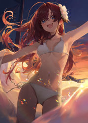 Rule 34 | 1girl, :d, ahoge, armpits, backlighting, bare shoulders, bikini, blue eyes, breasts, floating hair, flower, hair flower, hair ornament, halterneck, highres, ichinose shiki, idolmaster, idolmaster cinderella girls, long hair, looking at viewer, medium breasts, modare, navel, open mouth, outdoors, outstretched arms, purple hair, side-tie bikini bottom, smile, solo, standing, stomach, sunset, swimsuit, thighs, white bikini, white flower