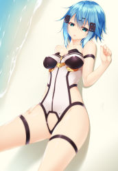 Rule 34 | 10s, 1girl, ascii media works, bad id, bad pixiv id, beach, bikini, blue eyes, blue hair, blush, breasts, cleavage, hair ornament, half-closed eyes, hand on own thigh, highres, looking at viewer, lying, matching hair/eyes, on back, one-piece swimsuit, outdoors, shokuyou mogura, short hair, sinon, solo, strapless, strapless one-piece swimsuit, swimsuit, sword art online, thigh strap, water