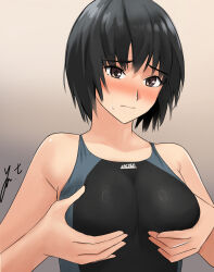 Rule 34 | 1girl, amagami, artist name, black hair, black one-piece swimsuit, blue one-piece swimsuit, blush, grabbing another&#039;s breast, breast hold, breasts, brown background, brown eyes, closed mouth, commentary, competition swimsuit, embarrassed, grabbing, grabbing own breast, gradient background, hands on own chest, highres, looking ahead, medium breasts, nanasaki ai, nose blush, one-piece swimsuit, paid reward available, raised eyebrows, short hair, signature, solo, sweatdrop, swimsuit, two-tone swimsuit, upper body, wavy mouth, yoo tenchi