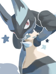 Rule 34 | 1boy, animal ears, animal hands, arm up, black fur, blue fur, body fur, creatures (company), dutch angle, furry, furry male, game freak, gen 4 pokemon, half-closed eyes, highres, looking at viewer, lucario, male focus, mame (pixiv 57985908), multicolored fur, nintendo, outstretched arm, pokemon, pokemon (creature), red eyes, snout, solo, spikes, standing, star (symbol), upper body, wolf boy, wolf ears, yellow fur