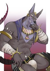 1boy abs animal_ear_piercing animal_ears another_eidos-r bandaged_arm bandages bara bare_pectorals belt black_belt bracelet cowboy_shot crotchless crotchless_pants fang furry furry_male golden_armlet gorget gradient_background grey_fur head_on_hand highres ioenami jackal_boy jackal_ears jalam_(another_eidos) jewelry looking_at_viewer male_focus male_underwear muscular muscular_male navel nipples outside_border pants pectorals pillarboxed ring seductive_smile sitting smile snout solo spiked_bracelet spikes tail two-tone_fur underwear white_male_underwear