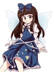 Rule 34 | 1girl, blue bow, blue dress, blue ribbon, blunt bangs, bow, brown eyes, brown hair, closed mouth, commentary request, dress, fairy wings, feet out of frame, flat chest, hair bow, juliet sleeves, light blush, long hair, long sleeves, looking at viewer, petite, petticoat, puffy sleeves, ribbon, smile, solo, split mouth, star (symbol), star print, star sapphire, touhou, wings, yugiri (yugiri picture)