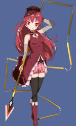 Rule 34 | 1girl, absurdres, black bow, blue background, boots, bow, commentary request, detached sleeves, dress, floating hair, food, frilled dress, frills, hair between eyes, hair bow, highres, long hair, looking at viewer, magical girl, mahou shoujo madoka magica, mahou shoujo madoka magica (anime), mq.d, pocky, polearm, ponytail, red dress, red eyes, red footwear, red hair, sakura kyoko, smile, soul gem, spear, thighhighs, weapon