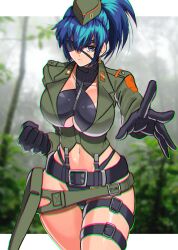 Rule 34 | 1girl, akisu k, belt, beret, black gloves, blue eyes, blue hair, breasts, chromatic aberration, clenched hand, earrings, eyepatch, gloves, hat, holster, jewelry, jungle, large breasts, leona heidern, nature, navel, ponytail, snk, snk heroines: tag team frenzy, solo, the king of fighters, thong, triangle earrings, underboob