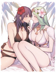 Rule 34 | 2girls, bikini, black bikini, blush, breasts, byleth (female) (fire emblem), byleth (female) (summer) (fire emblem), byleth (fire emblem), cape, cleavage, closed mouth, commentary request, eye contact, finger to another&#039;s mouth, fire emblem, fire emblem: three houses, fire emblem heroes, flower, green eyes, green hair, hair between eyes, hair flower, hair ornament, head wreath, hibiscus, highres, ikarin, index finger raised, jewelry, large breasts, long hair, looking at another, multiple girls, necklace, nintendo, official alternate costume, one-piece swimsuit, parted lips, pointy ears, purple eyes, purple hair, red flower, rhea (fire emblem), simple background, swimsuit, white bikini, white cape, white flower, yuri