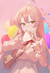 Rule 34 | 1girl, absurdres, ahoge, bag, blush, candy, commentary, food, hair between eyes, highres, lollipop, long hair, long sleeves, neck ribbon, onii-chan wa oshimai!, oyama mahiro, pink background, pink hair, pink shirt, puffy long sleeves, puffy sleeves, red ribbon, ribbon, shirt, shoulder bag, simple background, skirt, solo, starshell, sweets, upper body, white skirt, yellow eyes