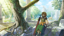 Rule 34 | 1girl, armor, armored dress, blonde hair, clothes around waist, column, commentary request, dappled sunlight, day, dress, elf, fantasy, forest, greaves, green dress, kyo mizusawa, light rays, nature, original, outdoors, pillar, pointy ears, ruins, scenery, sheath, sheathed, sitting, solo, sunbeam, sunlight, sword, tree, weapon, wide shot