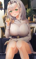 Rule 34 | 1girl, absurdres, ahoge, alcohol, alternate costume, bare legs, belt, black panties, blurry, blurry background, blush, breasts, cleavage, commentary, couch, day, dress, glass, green eyes, hair between eyes, hairband, highres, hololive, ice, ice cube, indoors, large breasts, long sleeves, looking at viewer, medium hair, open mouth, panties, pantyshot, plant, potted plant, ribbed dress, ribbed sweater, roco (rocoroco1115), shirogane noel, silver hair, sitting, smile, solo, sunlight, sweater, sweater dress, thighs, underwear, virtual youtuber, white sweater