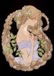 Rule 34 | 1girl, bare shoulders, black background, commentary request, cropped torso, dress, earrings, closed eyes, floating hair, flower, hands up, highres, jewelry, leaf, off-shoulder dress, off shoulder, outline, plant, profile, purple dress, purple flower, rapunzel, rapunzel (grimm), simple background, smile, solo, upper body, white flower, white outline, yumeko (yumeyana g)
