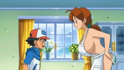 Rule 34 | 1boy, 1girl, anime screenshot, apron, ash ketchum, ass, blush, breasts, creatures (company), delia ketchum, game freak, huge breasts, indoors, mature female, mother and son, naked apron, nintendo, no bra, nude filter, pokemon, pokemon (anime), pokemon bw (anime), screencap, sideboob, standing, third-party edit