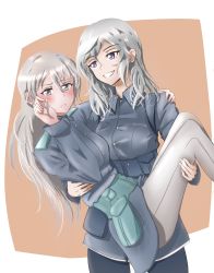 Rule 34 | 2girls, absurdres, aurora e. juutilainen, carrying, commission, eila ilmatar juutilainen, highres, military, military uniform, multiple girls, open mouth, pantyhose, princess carry, purple eyes, sainto, siblings, silver hair, sisters, strike witches, uniform, world witches series