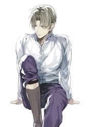 Rule 34 | 1boy, arm support, black socks, black thighhighs, blue eyes, blue pants, brown hair, buttons, closed mouth, collar, collared shirt, heshikiri hasebe, kasa77322, legwear garter, long sleeves, looking to the side, male focus, open clothes, open shirt, pants, pants rolled up, parted bangs, shirt, short hair, simple background, sitting, socks, solo, thighhighs, touken ranbu, white background, white shirt