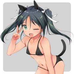 Rule 34 | 1girl, animal ears, black hair, breasts, cat ears, cat tail, cowboy shot, fang, francesca lucchini, green eyes, hair ribbon, highres, long hair, looking at viewer, one eye closed, open mouth, ribbon, small breasts, smile, solo, strike witches, tail, tan, twintails, v, white ribbon, world witches series, yashin (yasinz)