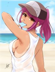 Rule 34 | 1girl, airisubaka, baseball cap, beach, blurry, blurry background, breasts, brown eyes, commentary, day, english commentary, food, food in mouth, hat, highres, leah (airisubaka), long hair, looking at viewer, medium breasts, mouth hold, original, outdoors, ponytail, popsicle, purple hair, shirt, sideboob, signature, solo, sweat, tan, tanline, upper body, wet, wet clothes, wet shirt, white shirt