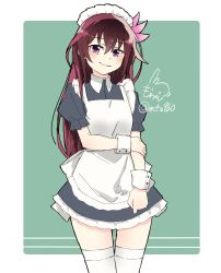 Rule 34 | 1girl, alternate costume, apron, artist logo, black dress, border, brown hair, commentary request, dress, enmaided, frilled apron, frills, green background, hair ornament, highres, kantai collection, kisaragi (kancolle), long hair, maid, maid apron, mochizou, one-hour drawing challenge, purple eyes, signature, solo, thigh gap, thighhighs, twitter username, two-tone background, white apron, white border, white thighhighs, wrist cuffs