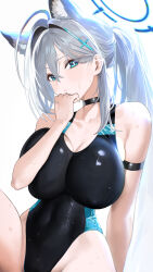 Rule 34 | 1girl, absurdres, ahoge, alternate costume, animal ear fluff, animal ears, arm support, bare shoulders, black choker, black one-piece swimsuit, blue archive, blue eyes, blush, breasts, choker, cleavage, closed mouth, commentary request, covered navel, cross, cross hair ornament, extra ears, grey hair, hair intakes, hair ornament, halo, highleg, highleg swimsuit, highres, inverted cross, kazane-wind, large breasts, long hair, looking at viewer, mismatched pupils, one-piece swimsuit, paid reward available, ponytail, shiroko (blue archive), shiroko terror (blue archive), short hair, simple background, skindentation, solo, swimsuit, wet, white background, wolf ears, wolf girl