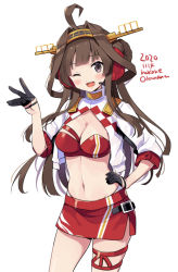 Rule 34 | 1girl, ahoge, alternate color, black gloves, breasts, brown hair, cleavage, commentary request, cosplay, cowboy shot, cropped jacket, dated, double bun, gloves, gotland (kancolle) (cosplay), gotland (kancolle), hairband, half gloves, headphones, headset, jacket, kantai collection, kongou (kancolle), large breasts, long hair, looking at viewer, microphone, midriff, miniskirt, navel, odawara hakone, one eye closed, open mouth, race queen, red skirt, round teeth, simple background, skirt, solo, standing, teeth, twitter username, upper teeth only, white background, white jacket