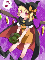 Rule 34 | 1girl, :&gt;, alternate costume, blonde hair, boots, bow, cape, commentary request, dress, flandre scarlet, hair bow, hammer (sunset beach), hat, heart, jack-o&#039;-lantern, looking at viewer, orange dress, pumpkin, red eyes, short hair, side ponytail, smile, solo, spoken heart, star (symbol), touhou, wings, witch hat