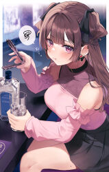 Rule 34 | 1girl, alcohol, bare shoulders, black ribbon, black skirt, blush, breasts, brown hair, closed mouth, commentary request, cup, detached sleeves, ear piercing, hair ornament, hair ribbon, highres, holding, holding cup, holding tongs, ice, large breasts, long hair, long sleeves, mole, mole on thigh, monoto, nail polish, original, piercing, pink shirt, pink sleeves, pleated skirt, pouty lips, purple eyes, purple nails, ribbon, shirt, shirt tucked in, sitting, skirt, solo, thighs, tongs, vodka