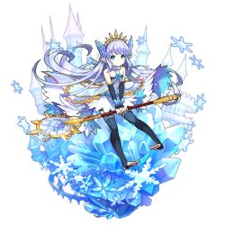 Rule 34 | 1girl, barefoot, blue eyes, blue hair, castle, dragalia lost, elbow gloves, flower, full body, gloves, granblue fantasy, hair ornament, holding, holding staff, ice, ice flower, lily (granblue fantasy), long hair, looking at viewer, non-web source, official art, pointy ears, saitou naoki, skirt, smile, snowflakes, solo, staff, thighhighs, transparent background