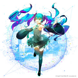 Rule 34 | 1girl, apapico, aqaqico, aqua eyes, aqua hair, black footwear, black thighhighs, blue hair, boots, detached sleeves, floating hair, hatsune miku, headset, long hair, necktie, open mouth, outstretched arms, skirt, solo, spread arms, thigh boots, thighhighs, twintails, very long hair, vocaloid, zettai ryouiki