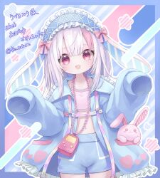 Rule 34 | 1girl, :d, absurdres, animal ears, bow, child, grey hair, hair bow, highres, hiratsuka nichoume, multicolored hair, open mouth, original, pink bow, pink hair, rabbit, rabbit ears, red eyes, sleeves past fingers, sleeves past wrists, smile, uzuki miu, very long sleeves, virtual youtuber, white hair