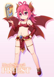 Rule 34 | 1girl, antenna hair, bare shoulders, blush, book, breasts, brown background, character request, collarbone, copyright name, curled horns, detached sleeves, floating, floating book, floating object, full body, gradient background, hair between eyes, hand on own hip, hand up, horns, long hair, long sleeves, maplestory, maplestory 2, navel, nekono rin, pink background, pink hair, red eyes, red sleeves, red wings, sleeves past wrists, small breasts, solo, standing, wings
