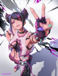 Rule 34 | 1girl, aqua nails, baggy pants, black hair, bracelet, breasts, collar, fingerless gloves, fingernails, foot out of frame, gloves, green eyes, grin, hair horns, han juri, highres, jewelry, long fingernails, looking at viewer, medium breasts, mitsu plus, multicolored hair, no shoes, pants, parted lips, pink hair, purple eyes, shadow, smile, solo, spiked anklet, spiked bracelet, spiked collar, spikes, stirrup footwear, streaked hair, street fighter, street fighter 6, twitter username, v, white background