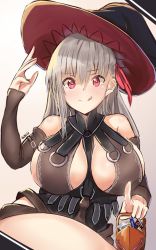 Rule 34 | 10s, 1girl, adapted costume, bare shoulders, breasts, cleavage, commentary, dark sakura, elbow gloves, fate/stay night, fate (series), gloves, granblue fantasy, hair ribbon, halloween, hat, heart, heart-shaped pupils, highres, holding, i.f.s.f, large breasts, long hair, magisa (granblue fantasy), matou sakura, red eyes, ribbon, silver hair, simple background, sitting, solo, symbol-shaped pupils, tongue, tongue out, twitter username, witch hat
