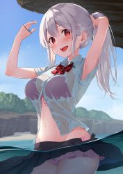 Rule 34 | 1girl, arms up, bikini, bikini under clothes, black skirt, blouse, blue shirt, blue sky, blush, bow, bow bra, bowtie, bra, breasts, bush, buttons, cloud, cloudy sky, collared shirt, commentary request, eyes visible through hair, fingernails, grey hair, hair between eyes, hands up, highres, kanpa (campagne 9), light, long fingernails, long hair, looking at viewer, medium breasts, navel, no headwear, open mouth, original, panties, pink bikini, pink bow, pink panties, ponytail, purple bra, red bow, red bowtie, red eyes, sand, scales, shadow, shirt, short sleeves, skirt, sky, smile, solo, standing, swimsuit, teeth, tongue, underwear, water, wet, wet clothes, wet shirt