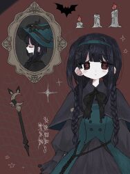 1girl 404_(328ch1) :/ @_@ arms_at_sides bat_(animal) black_cape black_dress black_ribbon blush braid candle cape closed_mouth dress expressionless green_dress green_hairband grid_background hair_ornament hair_over_shoulder hairband hairclip hashtag hat highres jaggy_lines layered_dress long_hair long_sleeves looking_at_viewer low_twin_braids neck_ribbon nijisanji portrait_(object) red_background red_eyes ribbon solo sparkle star_(symbol) tsukino_mito tsukino_mito_(20th_costume) twin_braids virtual_youtuber wand witch witch_hat