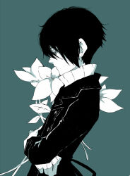 Rule 34 | 1boy, black coat, black hair, blurry, blurry background, coat, commentary request, crossed arms, floral background, flower, from side, gloves, greyscale with colored background, hair between eyes, long coat, looking down, male focus, nabari no ou, profile, short hair, solo, sweater, turtleneck, turtleneck sweater, upper body, white flower, yoite, you (kimito)