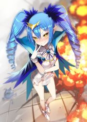 Rule 34 | 1girl, absurdres, ankle boots, blue cape, blue hair, blue ribbon, blurry, blurry background, blush, bombergirl, boots, brooch, cape, depth of field, dress, drill hair, explosion, full body, gloves, greatmosu, grin, hair between eyes, hand up, highres, jewelry, lewisia aquablue, long hair, looking at viewer, multicolored hair, navel, neck ribbon, pointy ears, purple hair, ribbon, short dress, smile, solo, sweat, torn clothes, twin drills, two-tone hair, white footwear, white gloves, yellow eyes