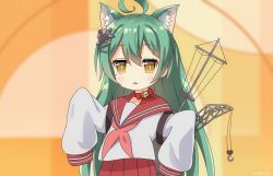 Rule 34 | 1girl, :3, ahoge, akashi (azur lane), animal ears, azur lane, bell, blurry, blurry background, blush, bow, brown eyes, cat ears, cat girl, commentary request, crane (machine), geru nyan, green eyes, green hair, hair between eyes, hair ornament, jingle bell, jitome, long hair, long sleeves, looking at viewer, lucky star, motteke! serafuku, neckerchief, parody, parted lips, pink neckerchief, pleated skirt, red bow, red sailor collar, red skirt, ryouou school uniform, sailor collar, school uniform, serafuku, shirt, skirt, sleeves past fingers, sleeves past wrists, slit pupils, solo, upper body, very long hair, white shirt