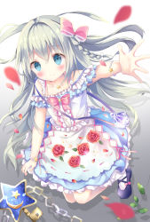 Rule 34 | 1girl, bad id, bad pixiv id, bare shoulders, black footwear, blue eyes, blue skirt, blurry, blurry foreground, blush, bobby socks, bow, bracelet, chain, closed mouth, collarbone, commentary request, crescent, depth of field, flower, hair between eyes, hair bow, highres, jewelry, key, long hair, looking at viewer, original, pearl bracelet, petals, pink bow, red flower, red rose, rose, shirt, shoes, silver hair, skirt, skirt basket, smile, socks, solo, star (symbol), tsuruse, very long hair, white footwear, white shirt, white socks