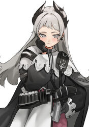 Rule 34 | 1girl, absurdres, ammunition belt, arknights, black cape, black dress, blush, cape, cowboy shot, cross scar, dress, earrings, grey eyes, grey hair, gun, hand on own cheek, hand on own face, hand on own hip, handgun, head wings, highres, holstered, irene (arknights), jewelry, light frown, long hair, long sleeves, looking at viewer, multicolored clothes, multicolored dress, pink dress, scar, scar across eye, simple background, solo, u no nijiart, weapon, white background, white dress, wings