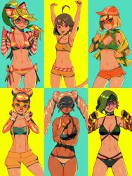 Rule 34 | 6+girls, ahoge, arms (game), bellhenge, bikini, braid, breasts, commentary, dark-skinned female, dark skin, domino mask, dr. coyle, english commentary, glasses, hair bun, headband, jacket, lola pop, long arms, long hair, mask, mechanica (arms), medium breasts, min min (arms), multiple girls, navel, ponytail, ribbon girl (arms), ribbon hair, short hair, shorts, single hair bun, smile, swimsuit, twintails, twintelle (arms)