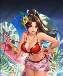 Rule 34 | 1girl, animated, bikini, bouncing breasts, breasts, brown hair, cleavage, flower, folding fan, hair flower, hair ornament, hand fan, hand on own hip, jewelry, large breasts, leaning forward, long hair, nail polish, navel, necklace, ponytail, red bikini, sarong, shiranui mai, smile, snk, solo, swimsuit, tagme, the king of fighters, the king of fighters all-stars, video