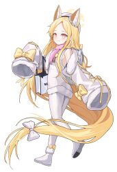 Rule 34 | 1girl, alternate costume, animal ear fluff, blonde hair, blue archive, boots, bow, closed mouth, dress, extra ears, forehead, full body, hair bow, halo, highres, iv (iv70311741), long hair, long sleeves, looking at viewer, multicolored eyes, pantyhose, seia (blue archive), sidelocks, simple background, sleeveless, sleeveless dress, smile, solo, standing, striped clothes, striped pantyhose, vertical-striped clothes, vertical-striped pantyhose, very long hair, white background, white bag, white bow, white dress, white footwear, white pantyhose, wide sleeves, yellow bow